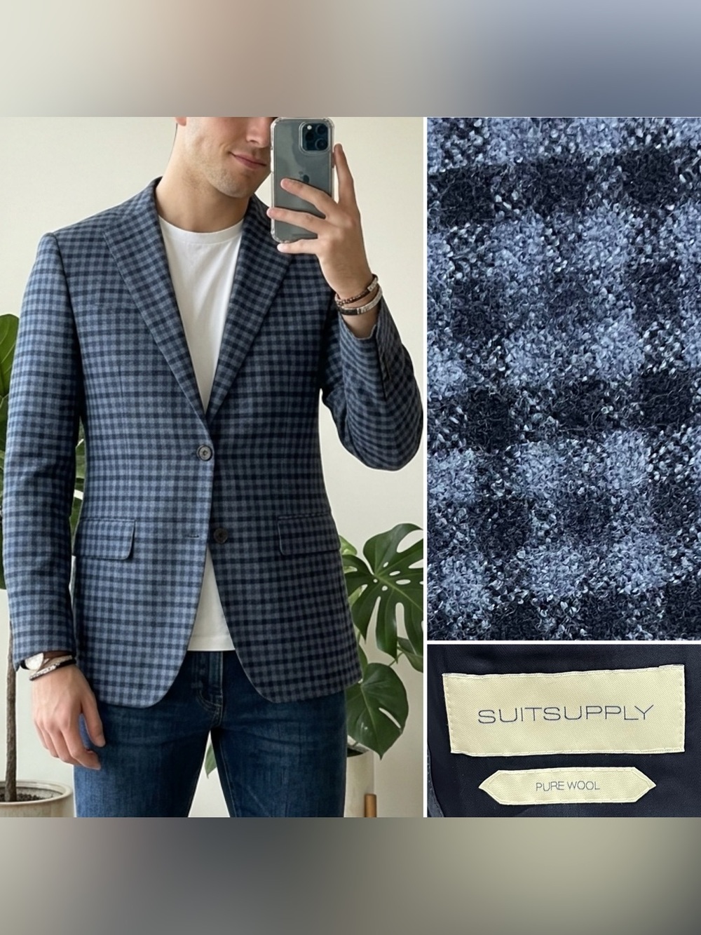 Suitsupply Men’s 36S Blue Check Havana Slim Fit Angelico Wool Blazer Jacket Coat